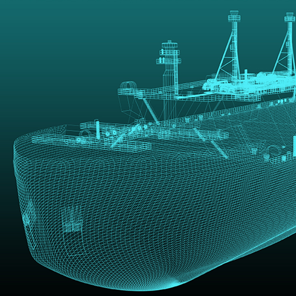 Line illustration 3D render of vessel in illuminated light green against a dark green gradient background.