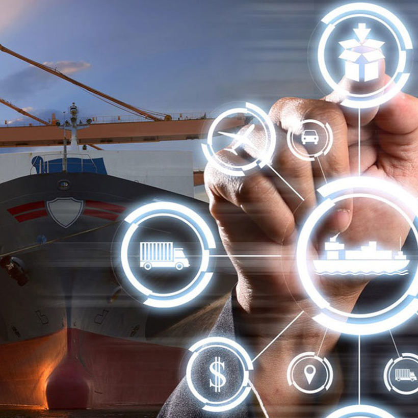 Graphic with large ship in the background and digital hand in the foreground.