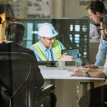 Office workers watching the video of LR engineer working on a TV screen