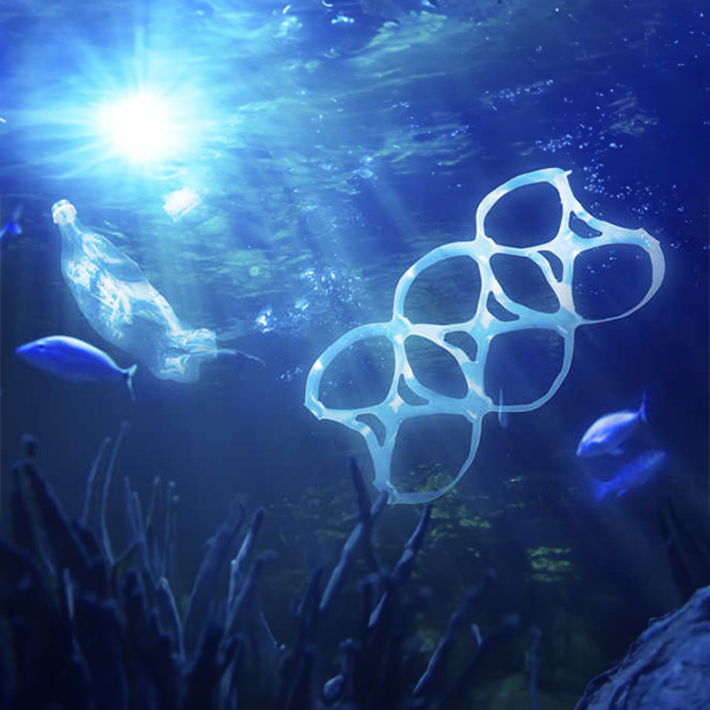A plastic can holder and a plastic water bottle float in the ocean with fish and coral. 