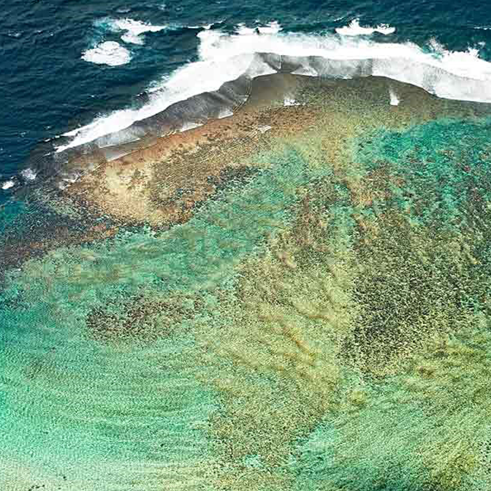 Aerial view of coral reef with ocean waves.
