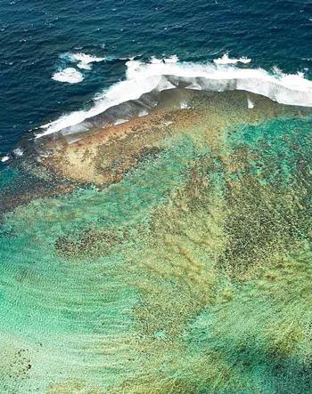 Aerial view of coral reef with ocean waves.