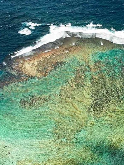 Aerial view of coral reef with ocean waves.